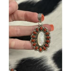 Native American Sterling Silver Mother Pearl Red Coral Cluster Pendant Christmas